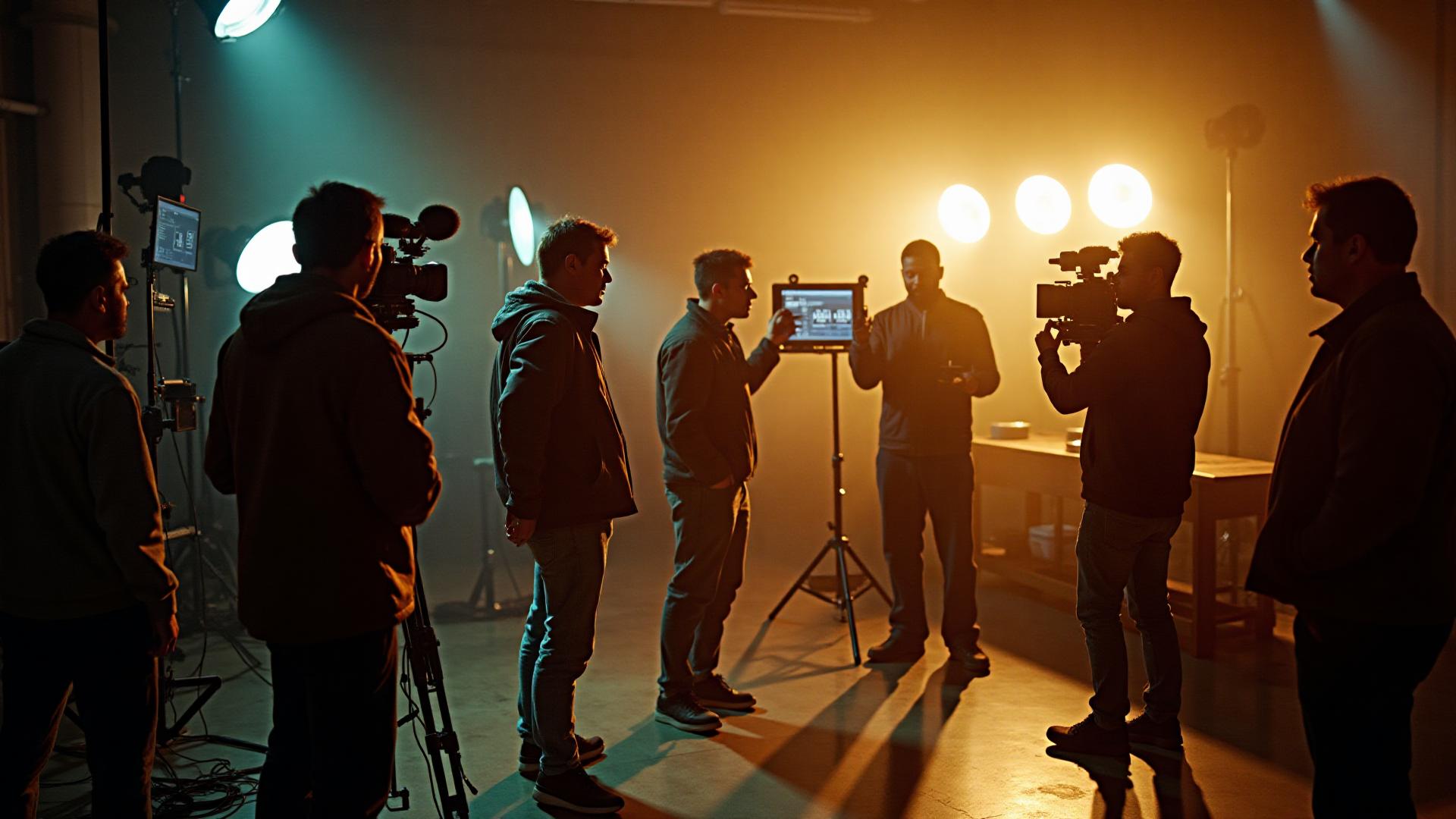 Film production scene with crew and equipment